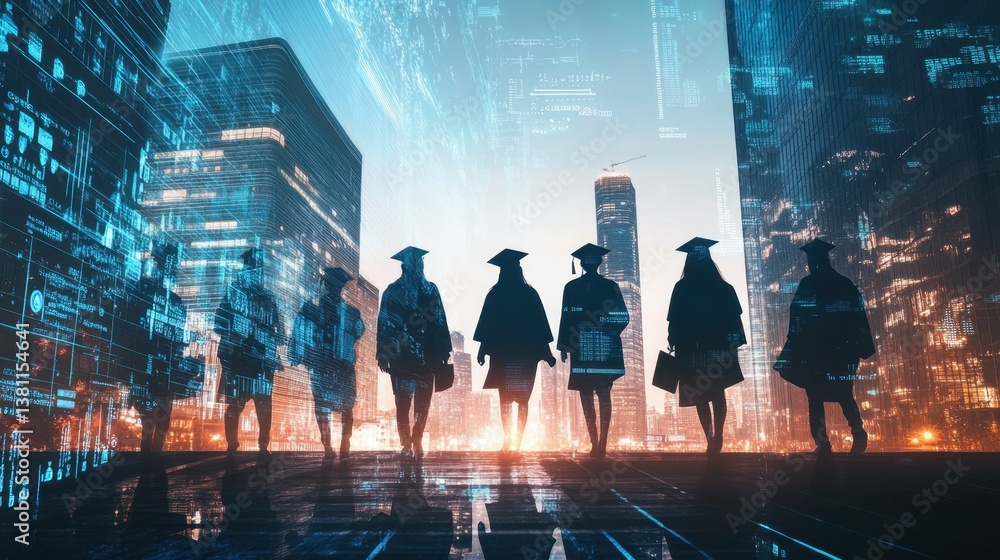 Fototapeta premium Academic graduates silhouetted against a backdrop of a futuristic city, showcasing the path from learning to career achievement, enhanced with digital and holographic effects