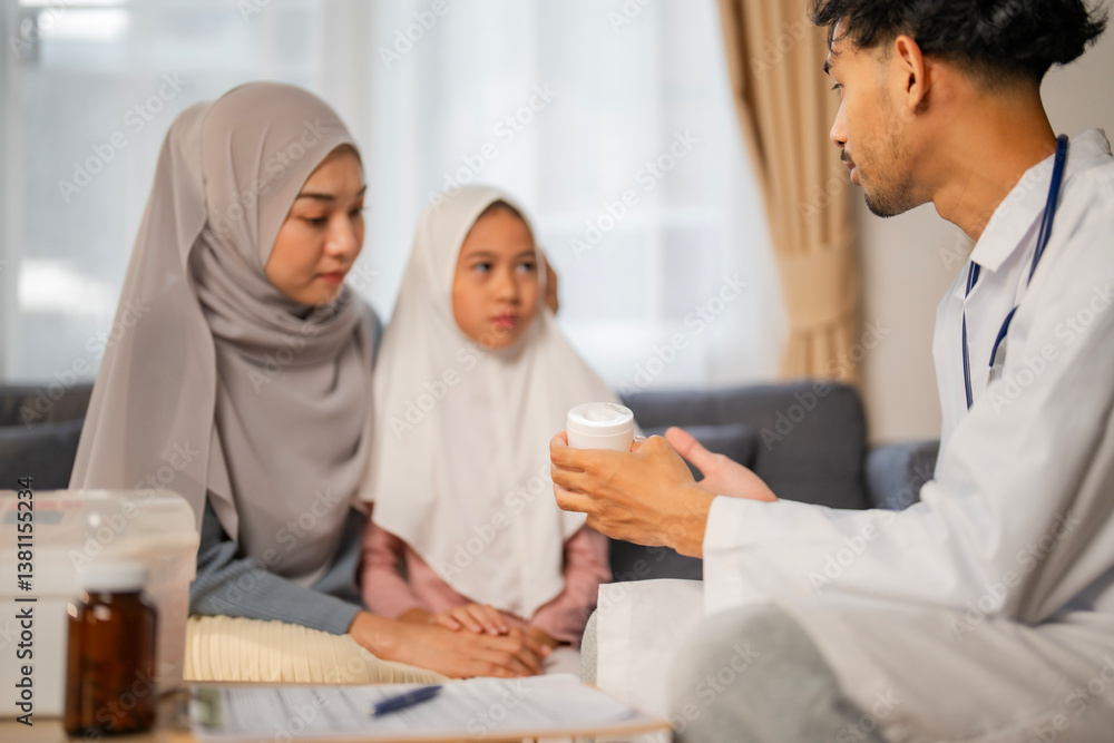 Obraz premium Isalamic doctor give medical advise and medicine to Muslim mother and liitle girlin religious dress at home, Delivery health for kid at home.