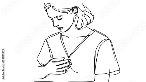 A minimalist continuous one-line drawing of a young woman performing a breast self-examination