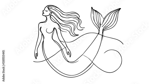 A minimalist continuous one line drawing of a mermaid
