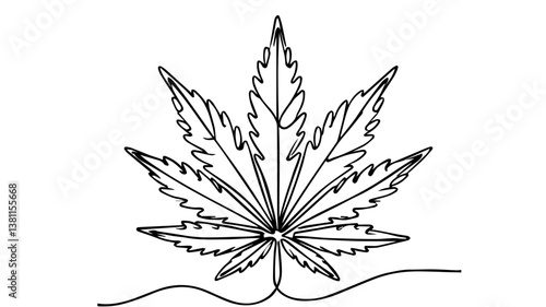 A minimalist continuous one-line drawing of a fresh cannabis leaf