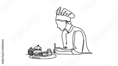 one line drawing illustration of a female pastry chef 