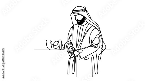 standing arab man in traditional outfit one continuous line drawing