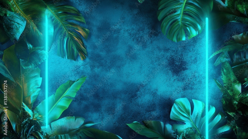 Naklejka premium Green and Blue Neon Light with Tropical Leaves