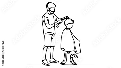 minimalist continuous one line drawing illustration of a kid getting a haircut