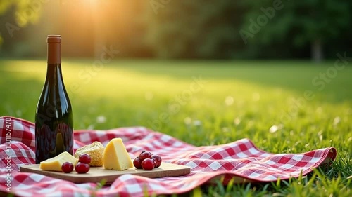 Red wine and cheese picnic on a sunny day with red checkered blanket