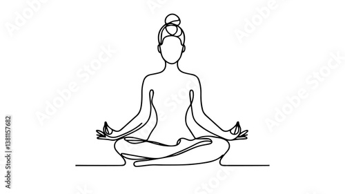 minimalist continuous one line drawing illustration of a Meditating woman doing the lotus position on a white background