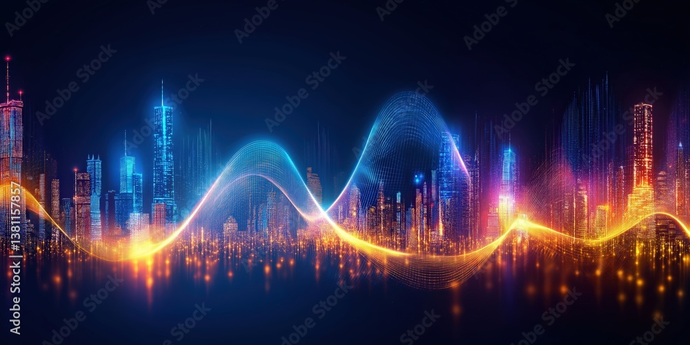 A vibrant digital cityscape with colorful soundwave patterns, illustrating a fusion of technology and urban life against a dark background. A vibrant digital cityscape with colorful soundwave patterns, illustrating a fusion of technology and urban life against a dark background.