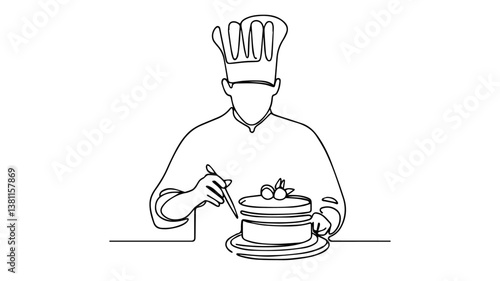 minimalist continuous one line drawing illustration of a pastry chef making a cake 