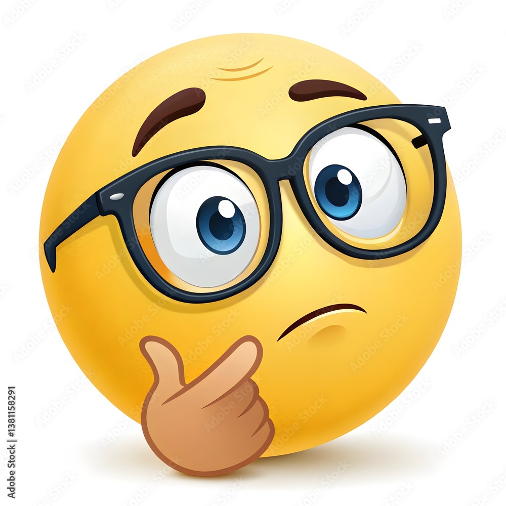 Naklejka premium Playful Cartoon Emoji Thinking Deeply, Colorful Digital Art, Virtual Environment, Concept Illustration, Whimsical Style