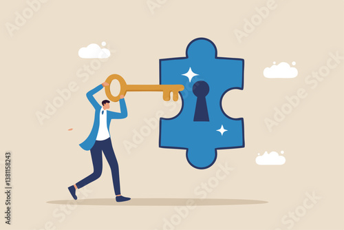 Turnkey solution complete ready to use product, open opportunity to solve customer problem, unlock potential to success, software or platform concept, businessman turn key into jigsaw puzzle keyhole.