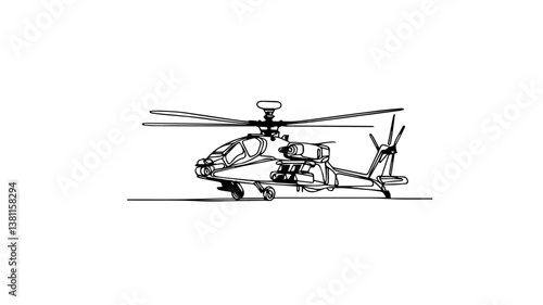 minimalist continuous one line drawing illustration of a realistic apache helicopter