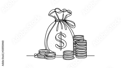 minimalist continuous one line drawing illustration of a realistic bag full of coins