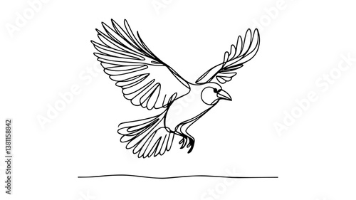 minimalist continuous one line drawing illustration of a realistic crow flying 
