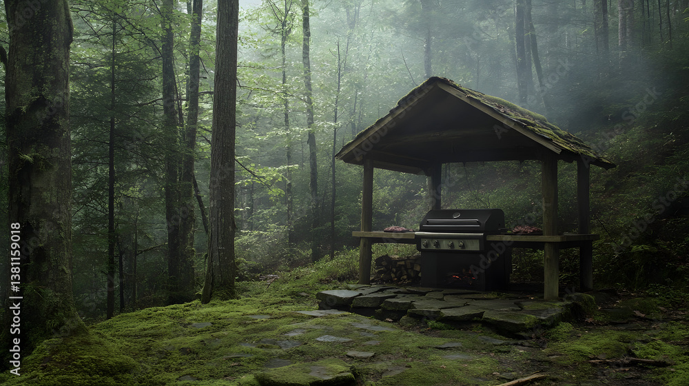 A secluded barbecue hut in the forest, surrounded by moss and trees A secluded barbecue hut in the forest, surrounded by moss and trees