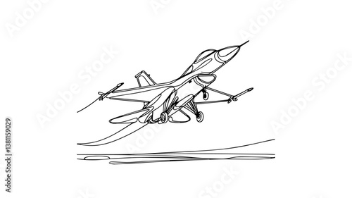 F16 jet plane landing one line drawing illustration