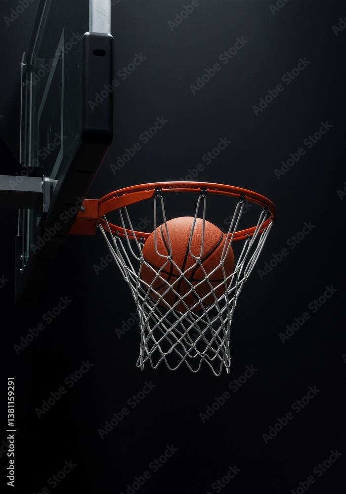 Basketball in hoop against dark background. Orange ball resting in white net with dramatic lighting. Professional sports equipment for game, tournament or championship concept. Basketball in hoop against dark background. Orange ball resting in white net with dramatic lighting. Professional sports equipment for game, tournament or championship concept.