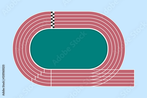 Top-down perspective  of track and field oval stadium, featuring running lanes and the finish line. Vector illustration.