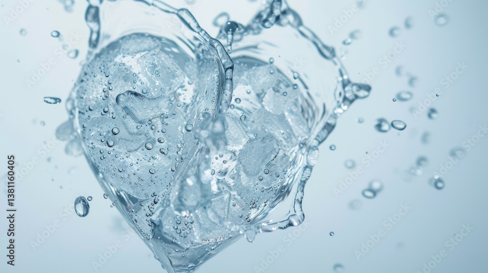 Heart shaped water splash with droplets on light blue background, love symbol Heart shaped water splash with droplets on light blue background, love symbol