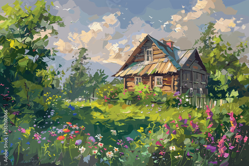 Digital paintings summer landscape, rural house with flowers and trees