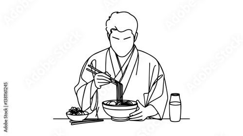 one continuous  line drawing illustration of a Japanese man in a traditional outfit eating ramen