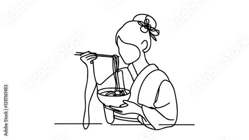 geisha in a kimono eating ramen one continuous line illustration