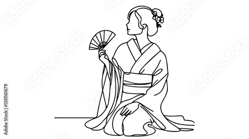 one line drawing illustration of a geisha waving a fan