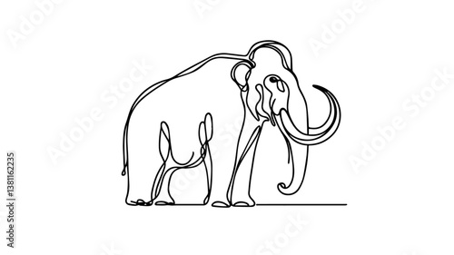 minimalist continuous one line drawing illustration of a realistic full body mammoth using one continuous line on a white background2