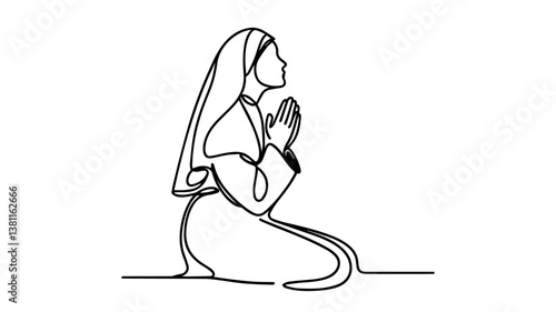 one line drawing illustration of  nun praying