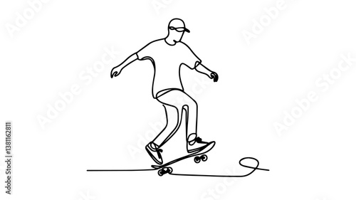 minimalist continuous one line drawing illustration of a realistic full body of a boy skateboarding using one continuous line on a white background2