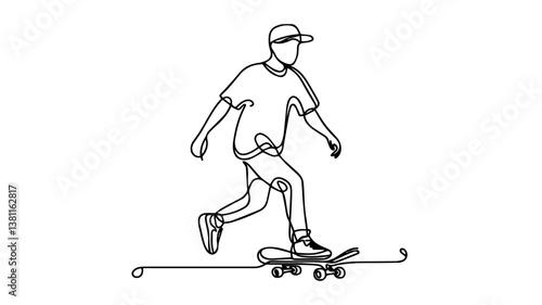 minimalist continuous one line drawing illustration of a realistic full body of a boy skateboarding using one continuous line on a white background