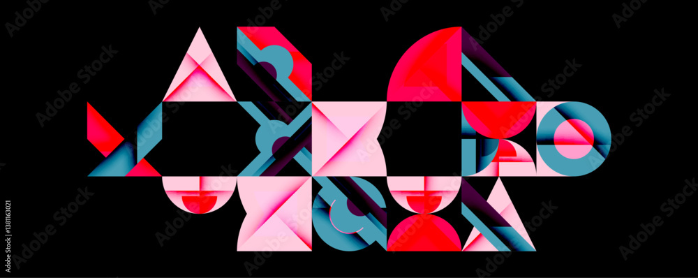 Geometric shapes, pink, red, teal, black background. Abstract design, overlapping forms, modern aesthetic, vibrant colors, dynamic composition. Geometric shapes, pink, red, teal, black background. Abstract design, overlapping forms, modern aesthetic, vibrant colors, dynamic composition.