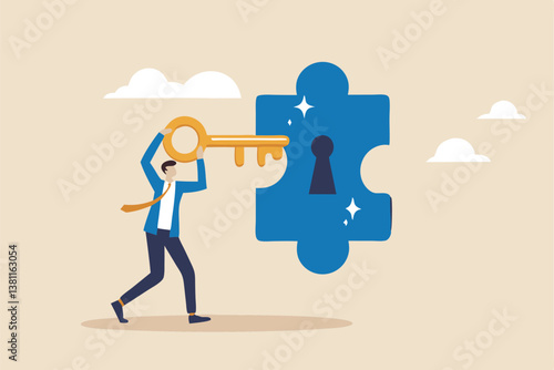 Turnkey solution complete ready to use product, open opportunity to solve customer problem, unlock potential to success, software or platform concept, businessman turn key into jigsaw puzzle keyhole.