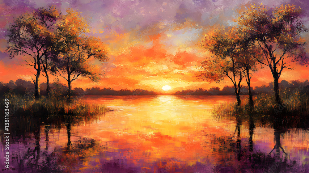 Fototapeta premium A Golden Reflection: Nature's Harmonious Dance at Dusk