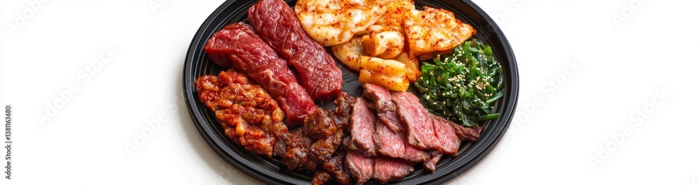 Assorted Grilled Meats and Vegetables on Dark Plate Assorted Grilled Meats and Vegetables on Dark Plate