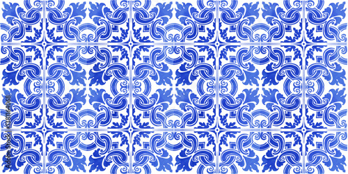 Vector decorative pattern blue and white design with frame or border. Baroque Vector mosaic. Traced watercolo. Capri Majolica	
