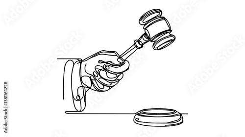 minimalist continuous one line drawing illustration of a realistic judges hand holding a gavel 