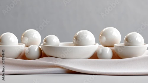 Artful Setup of White Bowls and Spheres on Neutral Background Generative AI