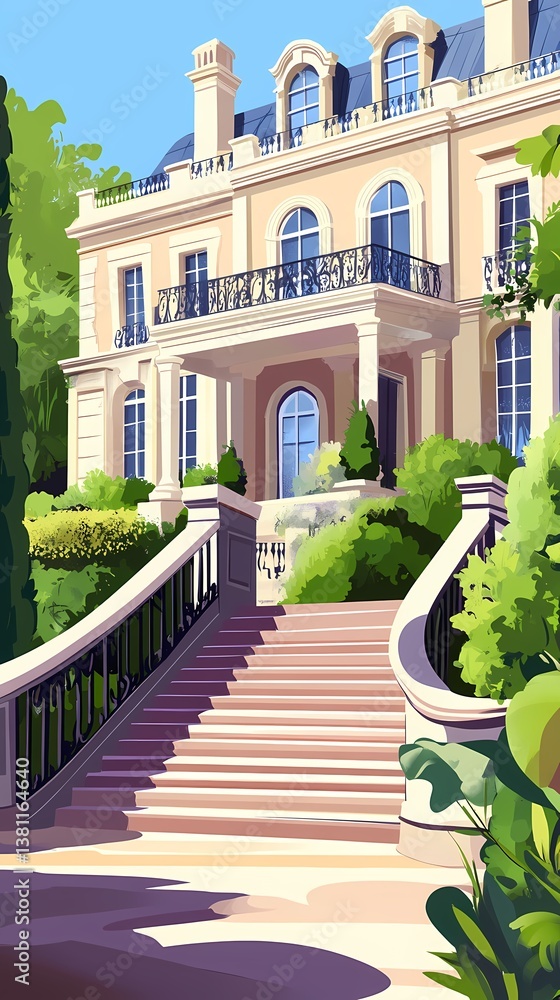 Obraz premium Luxurious mansion exterior with grand staircase