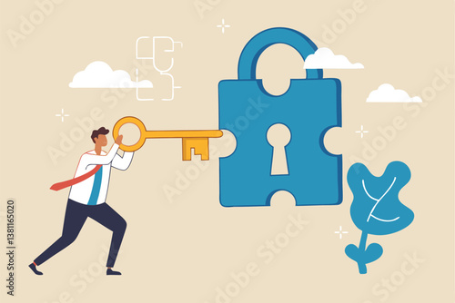 Turnkey solution complete ready to use product, open opportunity to solve customer problem, unlock potential to success, software or platform concept, businessman turn key into jigsaw puzzle keyhole.