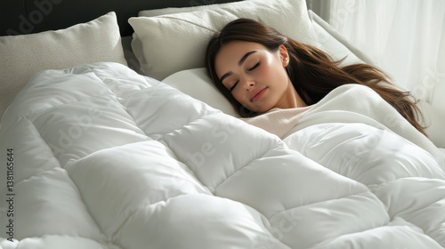 person sleeping peacefully under soft, fluffy blanket, enjoying restful moment in cozy bedroom setting. serene atmosphere enhances feeling of comfort and relaxation