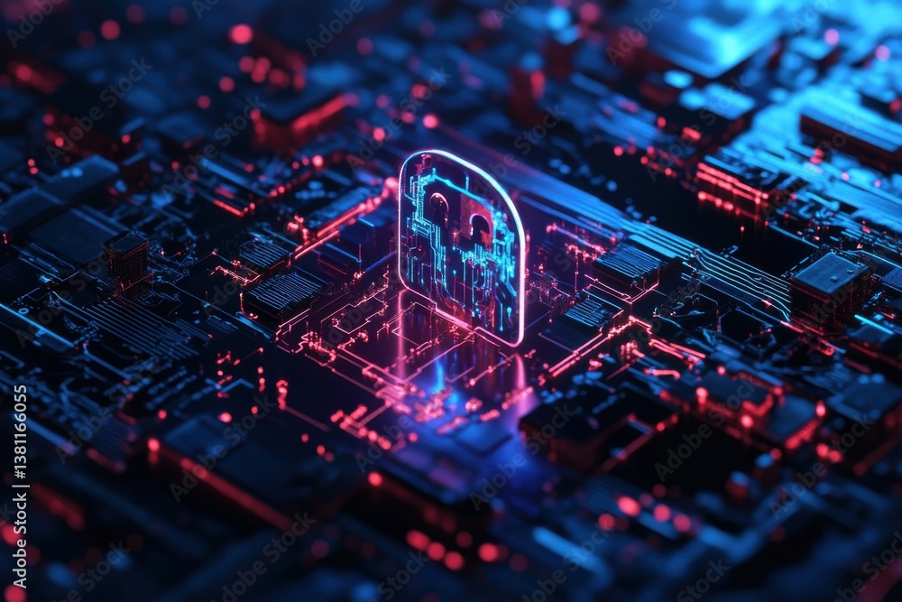 A Futuristic Representation of Data Protection and Cyber Threats on a Circuit Board