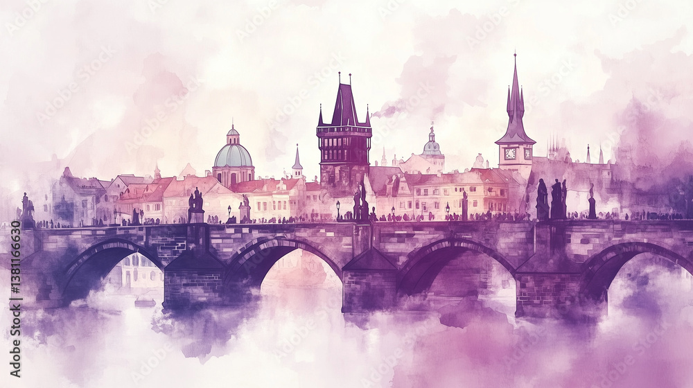 Naklejka premium Romantic watercolor painting, view on charles bridge in praque with Old Town Bridge Tower. world famous Charles bridge in the capital city of the Czech republic.