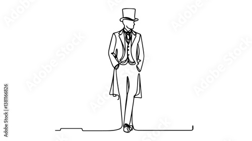 one line drawing of a stylish man in a tailcoat, top hat, and cravat in the victorian era