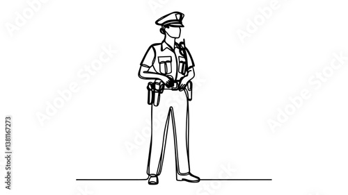 minimalist continuous one line drawing illustration of a realistic standing full body female police officer
