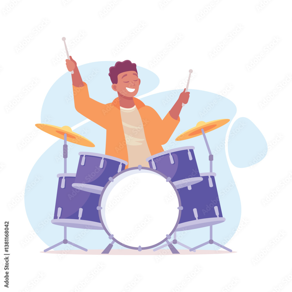 Fototapeta premium An Energetic Drummer is Playing a Colorful Drum Set, Bringing Life to the Performance
