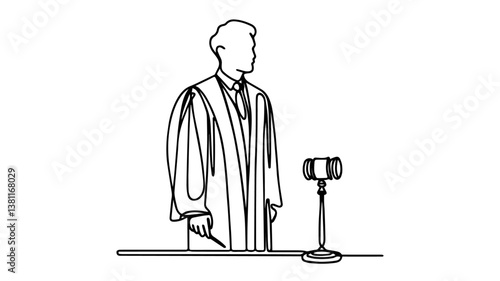 minimalist continuous one line drawing illustration of a realistic standing full body judge using one continuous line on a white background2