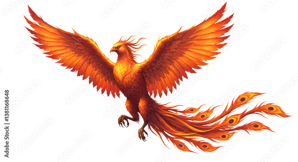 Obraz premium Fiery Bird Flying with Wings Spread and Long Feathered Tail