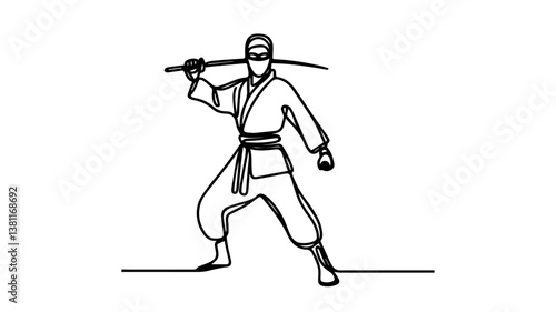 minimalist continuous one line drawing illustration of a ninja with a katana