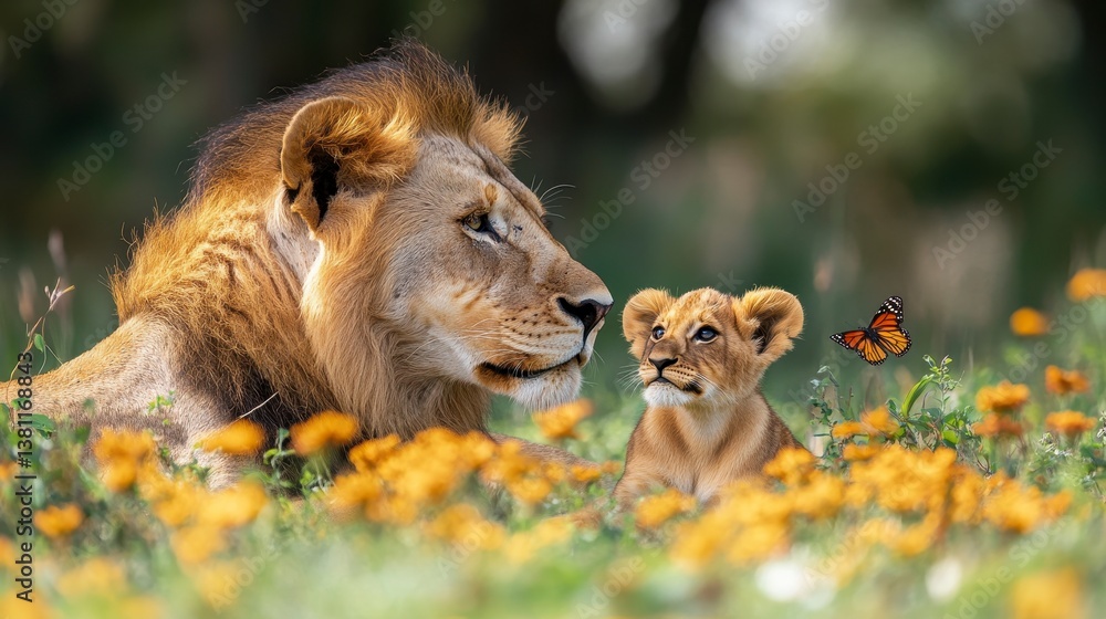 Naklejka premium Lion and cub gaze at butterfly in a field of orange flowers
